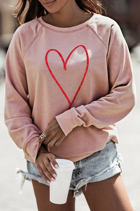 Pink Heart Glitter Graphic Raglan Pullover Sweatshirt