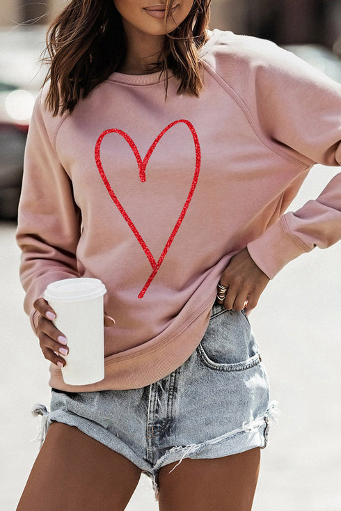 Pink Heart Glitter Graphic Raglan Pullover Sweatshirt