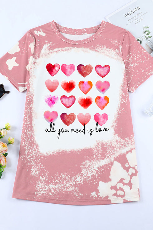 Pink Heart Shaped Letter Tie Dye Print Short Sleeve T Shirt