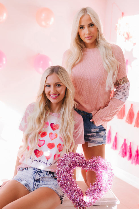 Pink Heart Shaped Letter Tie Dye Print Short Sleeve T Shirt