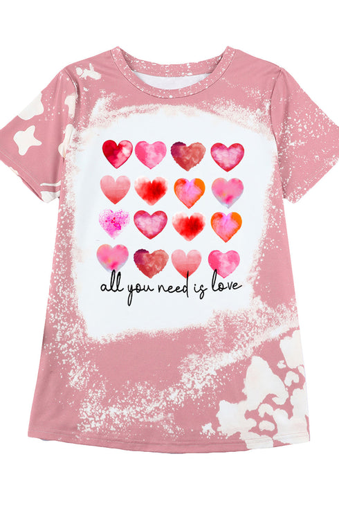 Pink Heart Shaped Letter Tie Dye Print Short Sleeve T Shirt