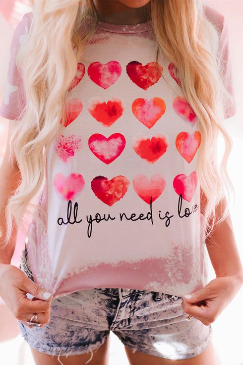 Pink Heart Shaped Letter Tie Dye Print Short Sleeve T Shirt