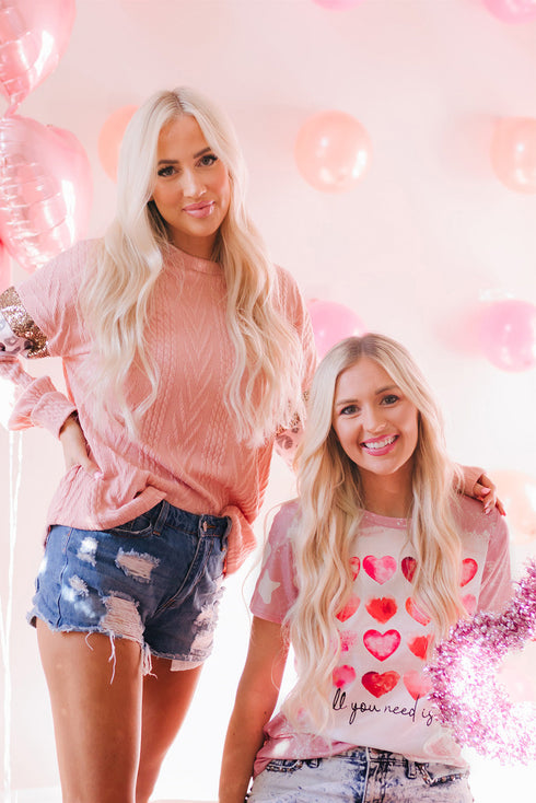 Pink Heart Shaped Letter Tie Dye Print Short Sleeve T Shirt