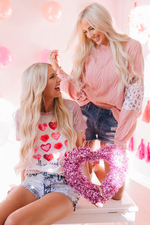 Pink Heart Shaped Letter Tie Dye Print Short Sleeve T Shirt