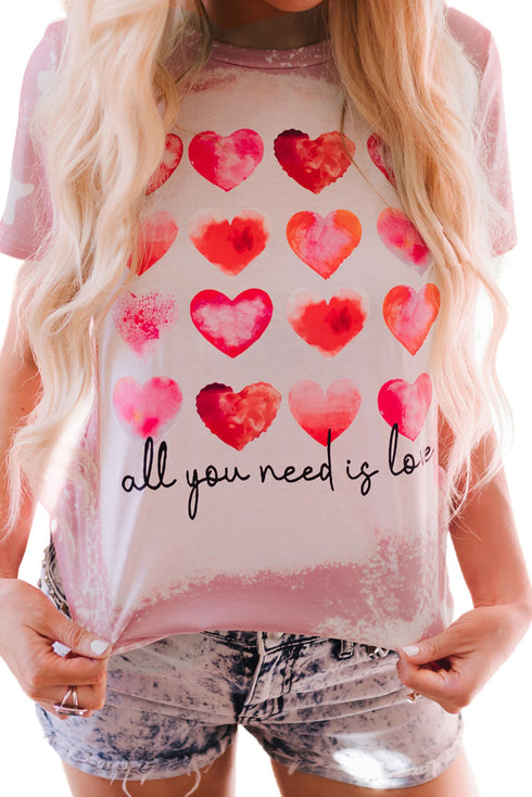 Pink Heart Shaped Letter Tie Dye Print Short Sleeve T Shirt