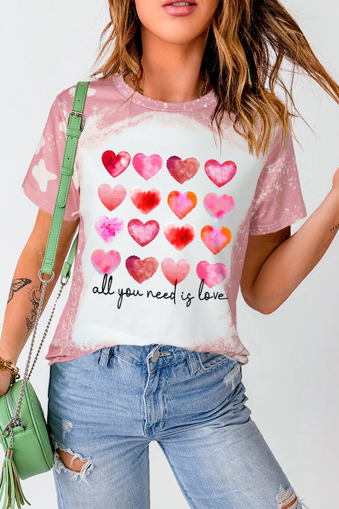 Pink Heart Shaped Letter Tie Dye Print Short Sleeve T Shirt