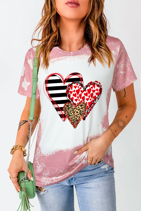 Pink Heart Shaped Tie Dye Contrast Short Sleeve T Shirt