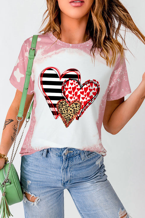 Pink Heart Shaped Tie Dye Contrast Short Sleeve T Shirt