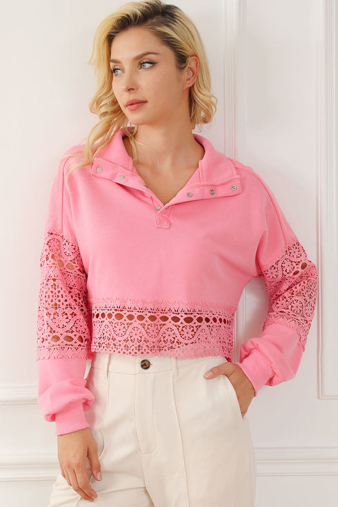 Pink Hollowed Lace Splicing Cropped Sweatshirt