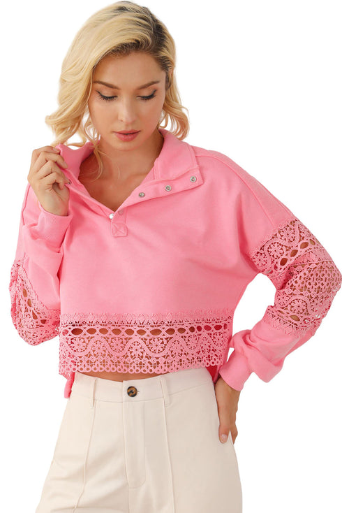 Pink Hollowed Lace Splicing Cropped Sweatshirt