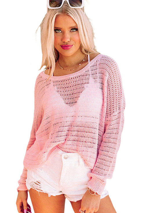 Pink Knitted Eyelets Round Neck Long Sleeve Top