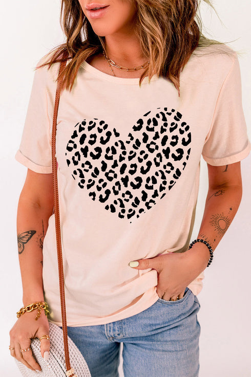 Pink Leopard Heart Shaped Print Crew Neck Graphic Tee