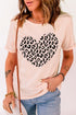 Pink Leopard Heart Shaped Print Crew Neck Graphic Tee