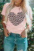 Pink Leopard Heart Shaped Print Crew Neck Graphic Tee