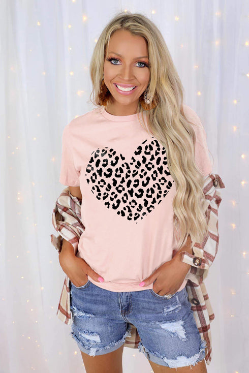 Pink Leopard Heart Shaped Print Crew Neck Graphic Tee