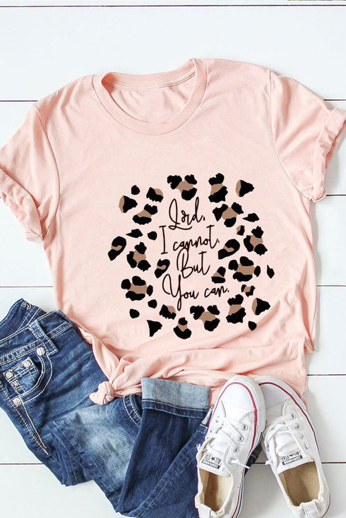 Pink Leopard Letter Printed Slim Fit Short Sleeve T Shirt
