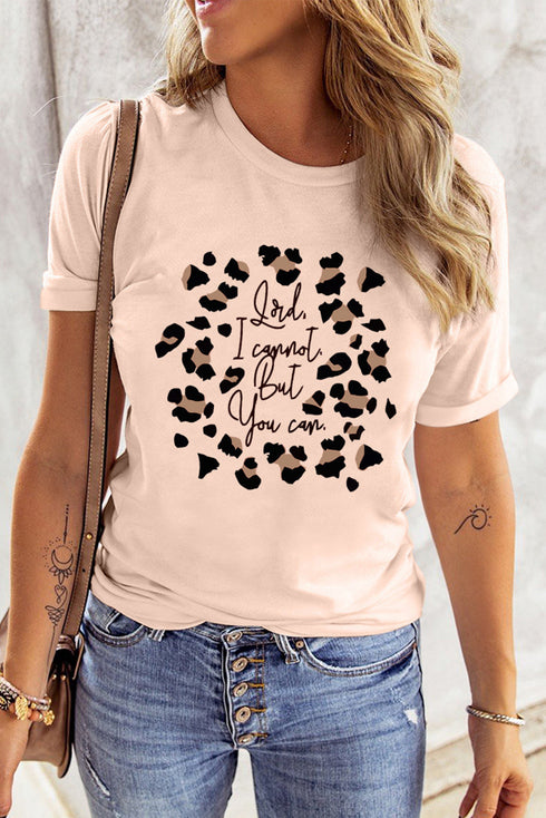 Pink Leopard Letter Printed Slim Fit Short Sleeve T Shirt
