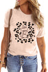 Pink Leopard Letter Printed Slim Fit Short Sleeve T Shirt