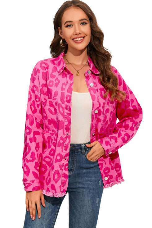 Pink Leopard Print Button Cuffs Raw Hem Jacket