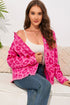 Pink Leopard Print Button Cuffs Raw Hem Jacket