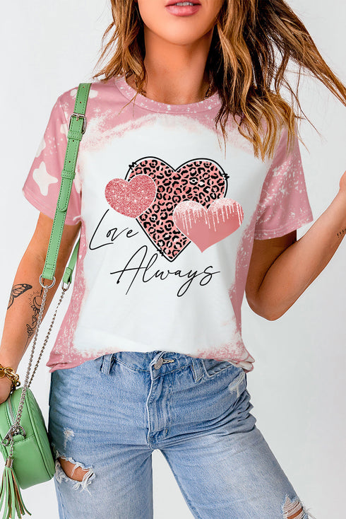 Pink Love Always Heart Leopard Bleached Print Graphic T Shirt