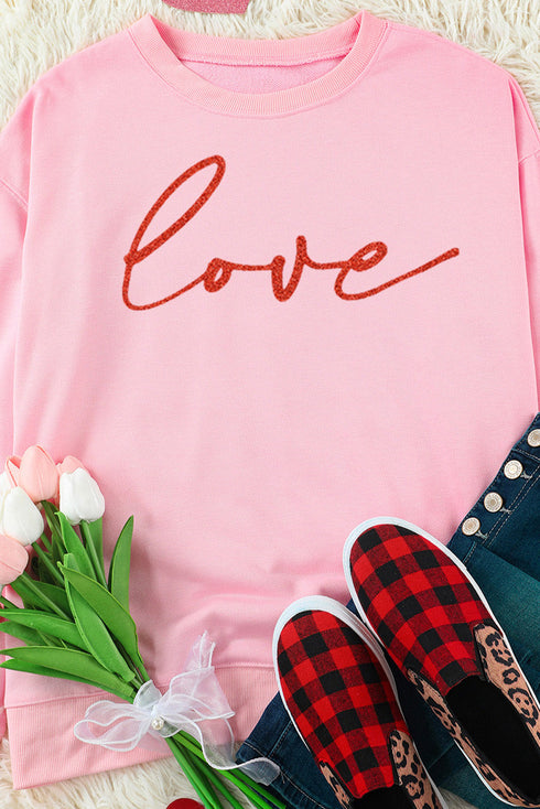Pink Love Glitter Pattern Print Crew Neck Sweatshirt