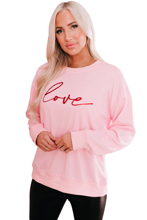 Pink Love Glitter Pattern Print Crew Neck Sweatshirt