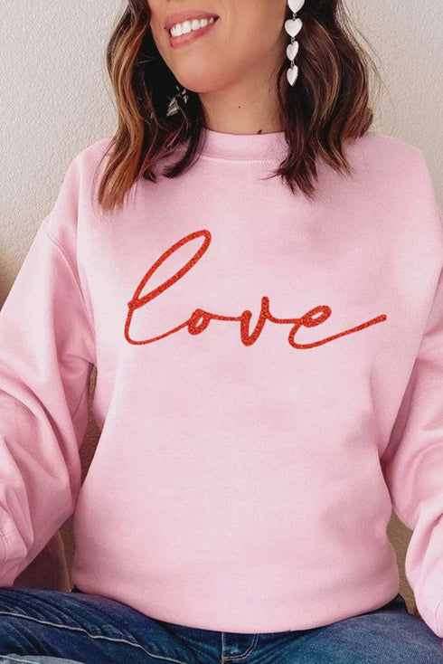 Pink Love Glitter Pattern Print Crew Neck Sweatshirt