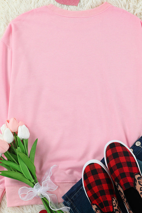 Pink Love Glitter Pattern Print Crew Neck Sweatshirt
