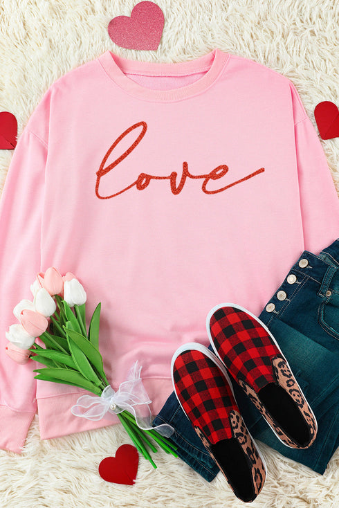 Pink Love Glitter Pattern Print Crew Neck Sweatshirt
