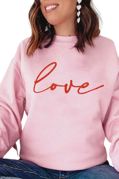Pink Love Glitter Pattern Print Crew Neck Sweatshirt