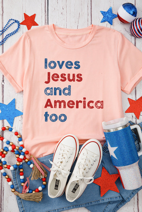 Pink Loves Jesus And America Too Vintage Letter Graphic Tee