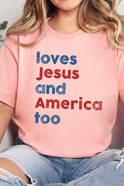 Pink Loves Jesus And America Too Vintage Letter Graphic Tee