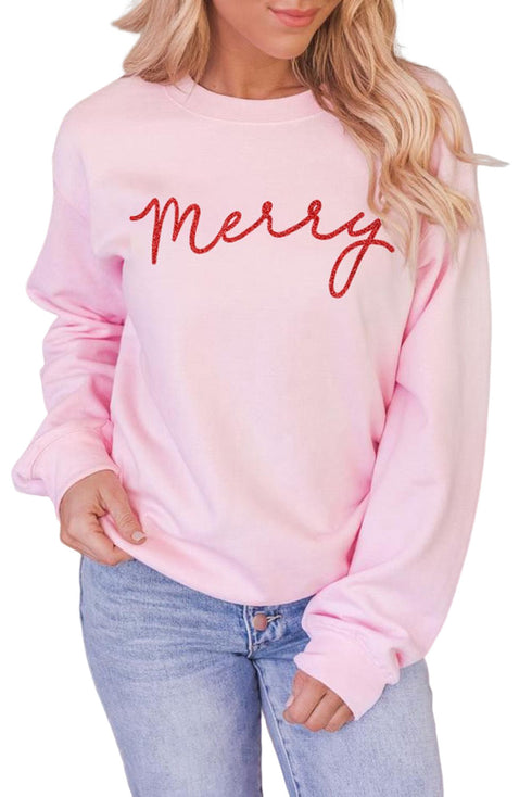 Pink Merry Letter Print Long Sleeve Pullover Sweatshirt