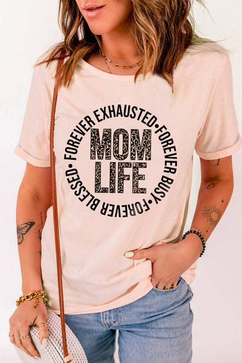 Pink Mom Life Letter Leopard Print Short Sleeve T Shirt