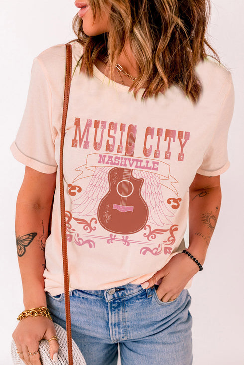 Pink Music City Guitar Graphic Print Crew Neck T Shirt