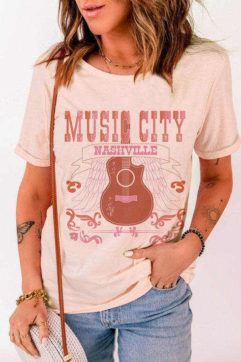 Pink Music City Guitar Graphic Print Crew Neck T Shirt