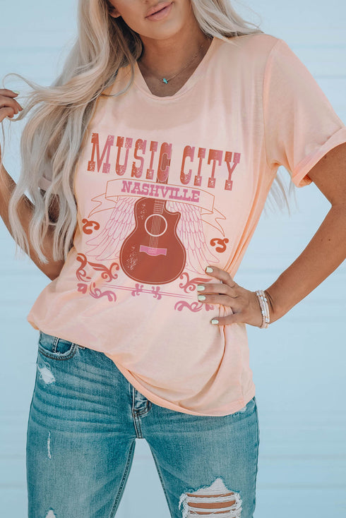 Pink Music City Guitar Graphic Print Crew Neck T Shirt