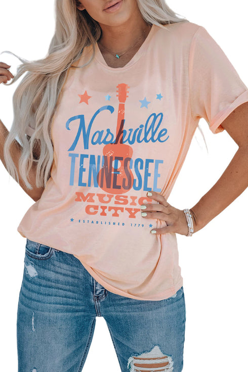 Pink Nashville Tennessee Guitar Graphic Print Crewneck Top