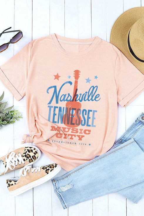 Pink Nashville Tennessee Guitar Graphic Print Crewneck Top
