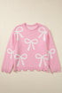 Pink Pearl Beaded Bowknot Pattern Distressed Split Hem Sweater
