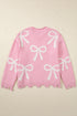 Pink Pearl Beaded Bowknot Pattern Distressed Split Hem Sweater
