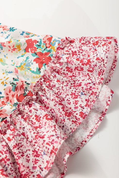 Pink Plus Size Floral Patchwork Ruffled Short Sleeve Blouse