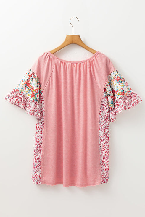 Pink Plus Size Floral Patchwork Ruffled Short Sleeve Blouse