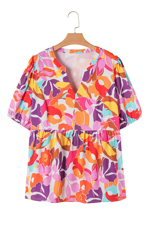 Pink Plus Size Floral Print V Neck Fit and Flare Blouse