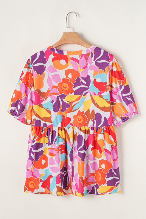 Pink Plus Size Floral Print V Neck Fit and Flare Blouse