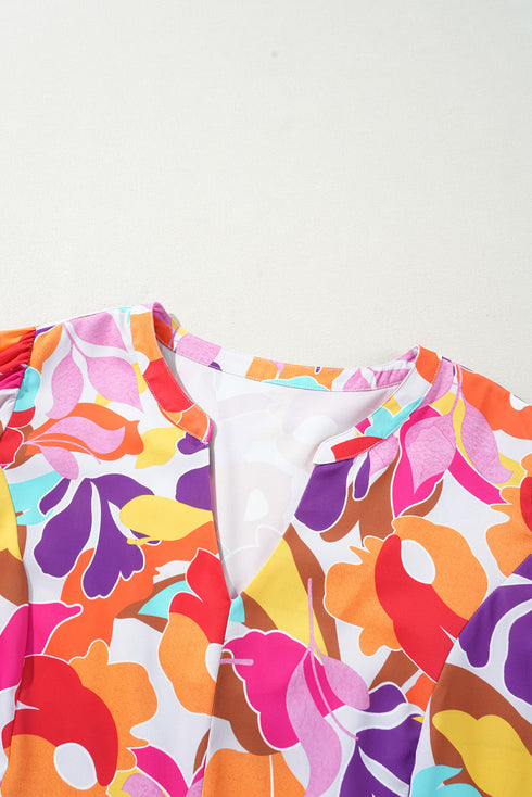 Pink Plus Size Floral Print V Neck Fit and Flare Blouse