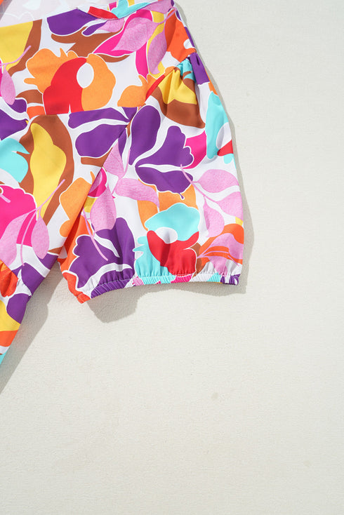 Pink Plus Size Floral Print V Neck Fit and Flare Blouse