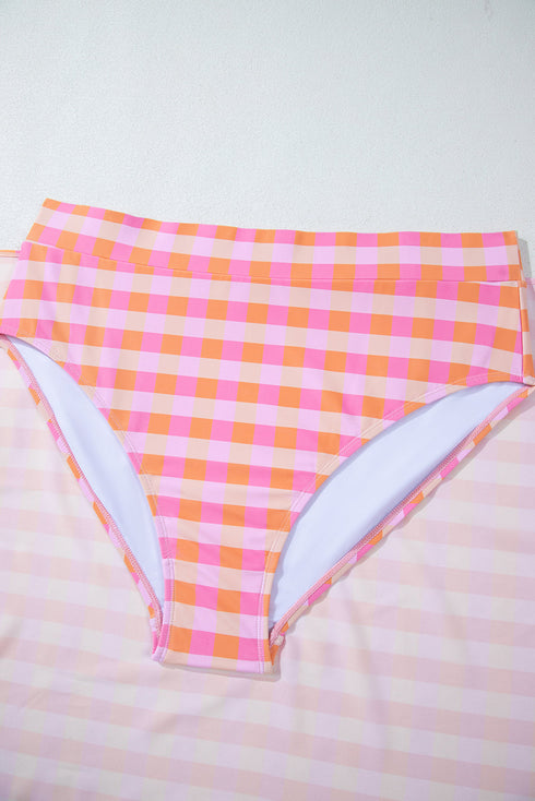 Pink Plus Size Plaid Print High Waist Bikini Set