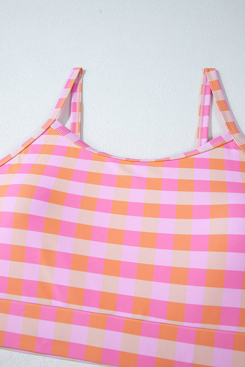 Pink Plus Size Plaid Print High Waist Bikini Set